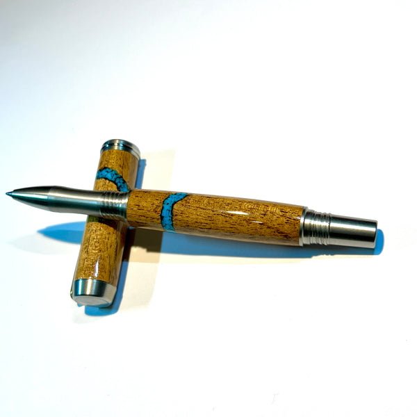 Stainless Steel / Mesquite Wood & Turquoise Crystal Inly Elements / Rollerball Pen - WrYT365