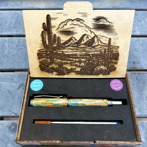 Antique Silver / Cholla Wood & Kingman Turquoise Inlay / Rollerball Pen - WrYT365