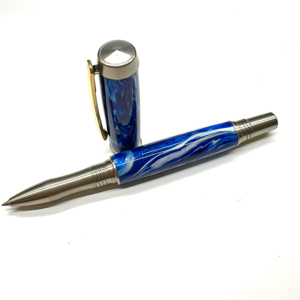 Stainless Steel / Blue and White Acrylic Elements / Rollerball Pen - WrYT365