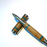 Stainless Steel / Mesquite Wood & Turquoise Crystal Inlay Elements / Rollerball Pen - WrYT365